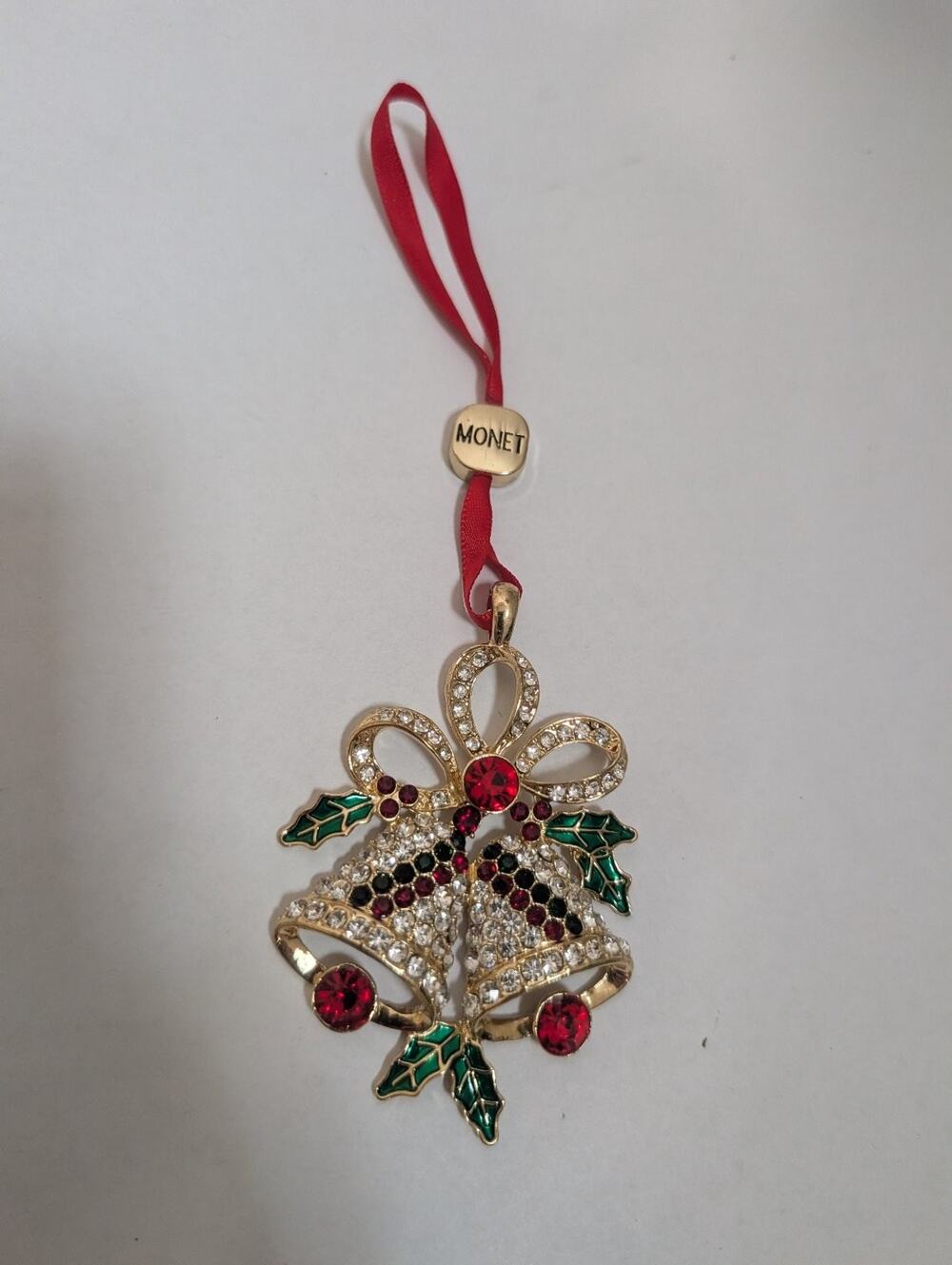 Monet 2022 Christmas Bells Ornament Gold Tone Red Green Rhinestones Holiday